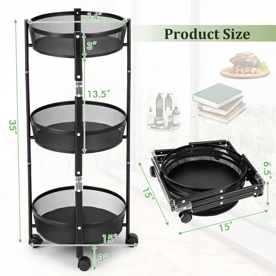 3 Layer Folding Storage Cart, Flexible Food Trolley, Home Snack Vegetables Storage Rack with Wheels, Multifunctional 3 Tier Storage Cart