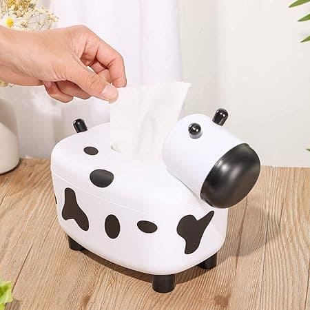 Happy Cow Tissue Box With Holder, Plastic Toothpicks Tissue Dispenser, Cartoon Cow Decorative Plastic Tissue Box, 2 in 1 Multifunctional Toothpick Holder Tissue Box, Facial Paper Dispenser Organizer for Bathroom Home