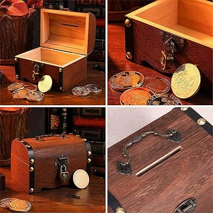 Treasure Money Box, Vintage Wood Money Saving Box With Lock, Pirate Multipurpose Treasure Chest Box, Children Lockable Coin Box, Paper Note And Coin Saving Box, Retro Wooden Treasure Chest Money Bank