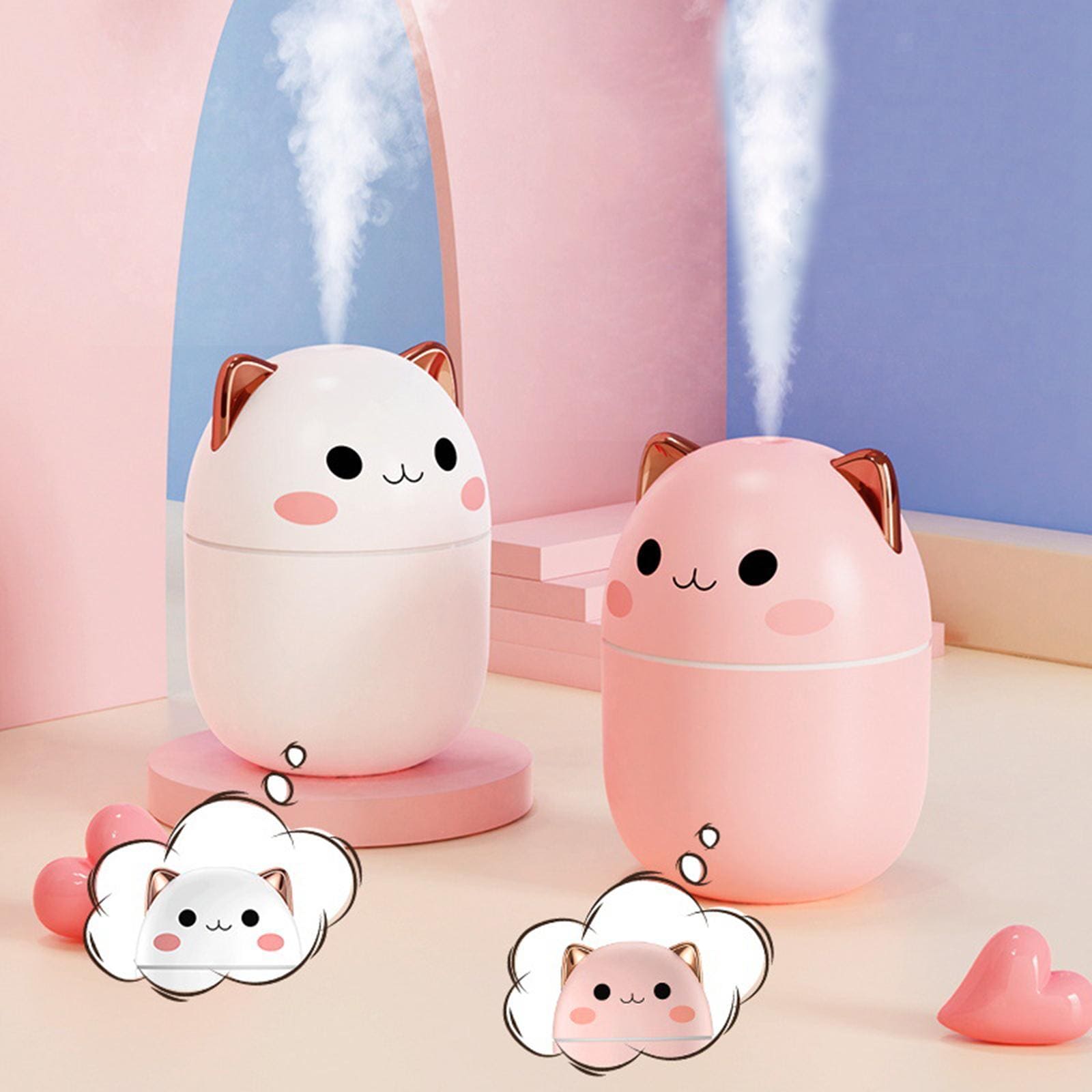 Cute Catty Humidifier, Portable 200ml Air Humidifier, Aroma Diffuser With Night Light Cool Mist For Bedroom Home Car, Cute Cat Cool Mist Humidifier with Night Light, USB Charging Portable Humidifier, Quiet Air Freshener