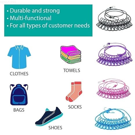 12 Clips Elastic Laundry Rope, Portable Multifunctional Drying Clips, Garden Windproof Clothesline With Clips, Portable Stretchable Line, Traveling Hanger Elastic Rope, Adjustable Laundry Clothesline, Windproof Stretch Drying Rack