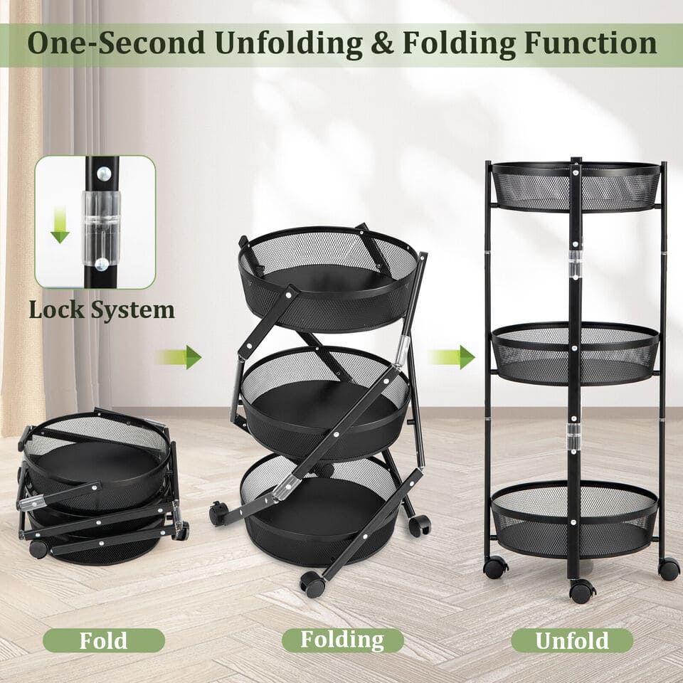 3 Folding Storage Cart, Flexible Food Trolley, Home Snack Vegetables Storage Rack with Wheels, Multifunctional 3 Tier Storage Cart