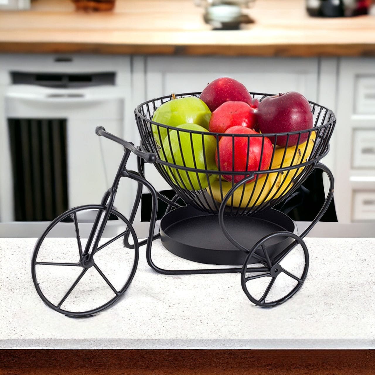 Tricycle Metal Fruit Basket, Double Layer Hollow Design Fruit Plate, Portable Kitchen Storage Countertops Shelf Rack, Metal Black Fruit And Vegetable Storage Stand, 2 Tier Metal Bread Basket