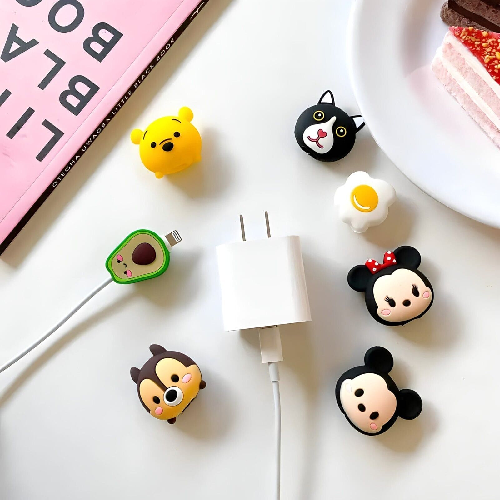 Set Of 5 Cartoon Wire Protector, Minnie Stitch Charger USB Cable Winder, Charging Cable Saver, Silicone Bobbin Winder For Cell Phone, Anime Cable Protector Beads, Charging Data Line Earphone Bite Organizer, Anti Break Protector for Mobile Cables