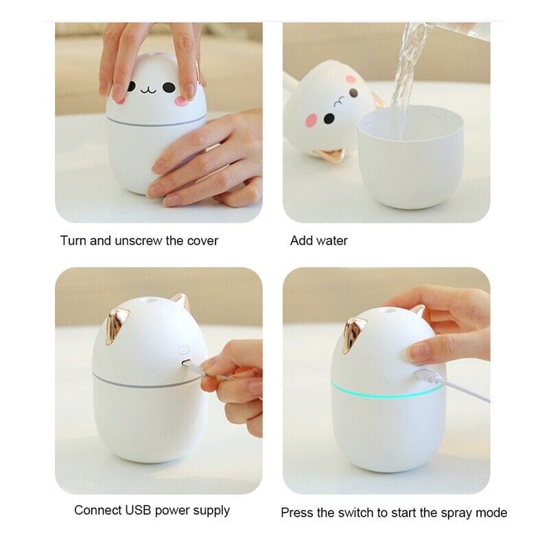 Cute Catty Humidifier, Portable 200ml Air Humidifier, Aroma Diffuser With Night Light Cool Mist For Bedroom Home Car, Cute Cat Cool Mist Humidifier with Night Light, USB Charging Portable Humidifier, Quiet Air Freshener