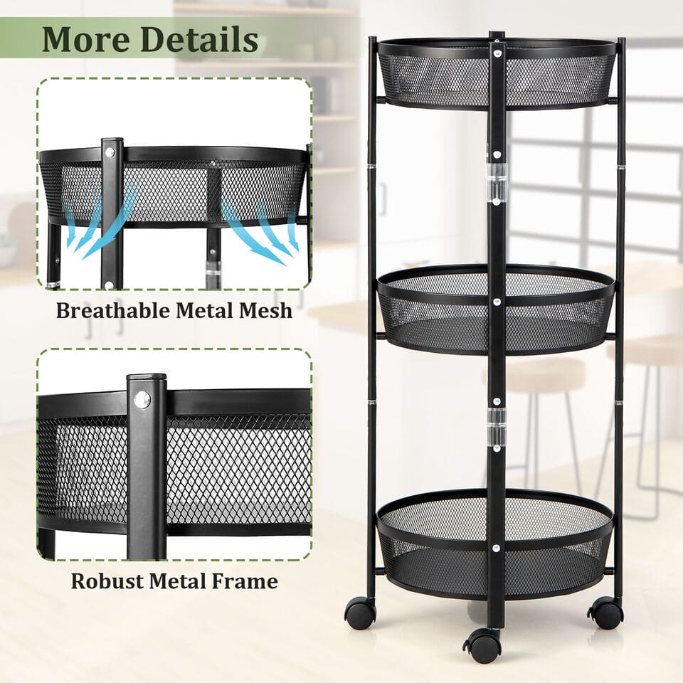 3 Layer Folding Storage Cart, Flexible Food Trolley, Home Snack Vegetables Storage Rack with Wheels, Multifunctional 3 Tier Storage Cart