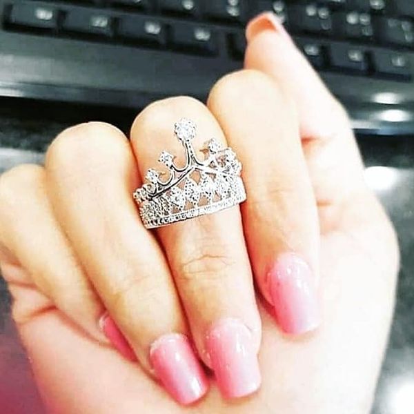 Luxury Crown Ring, White Crystal Engagement Ring, Eternity Wedding Jewellery, Fashion Simple Zirconia Ring, Princess Style Vintage Rhinestone Crown Ring