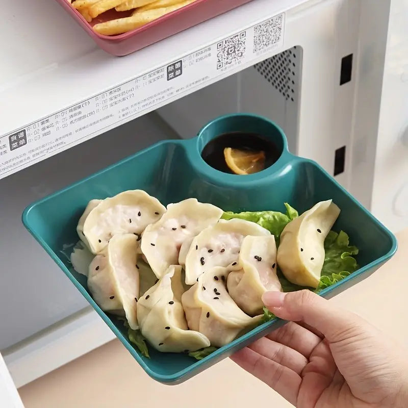 Square Dumpling Plate With Dipping Dish, Plastic Portion Plate, Sushi Fries and Dumplings Sauce Separation, Multipurpose Dumpling Plate With Sauce Compartment, Square Serving Plates with Sauce Holder, Multifunctional Food storage Plate