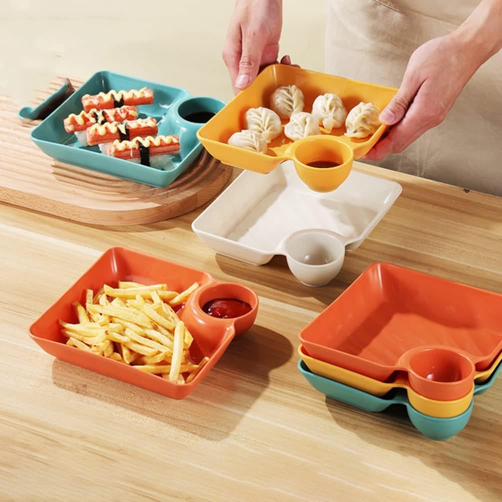 Set of 4 Square Dumpling Plate With Dipping Dish, Plastic Portion Plate, Sushi Fries and Dumplings Sauce Separation, Multipurpose Dumpling Plate With Sauce Compartment, Square Serving Plates with Sauce Holder, Multifunctional Food storage Plate