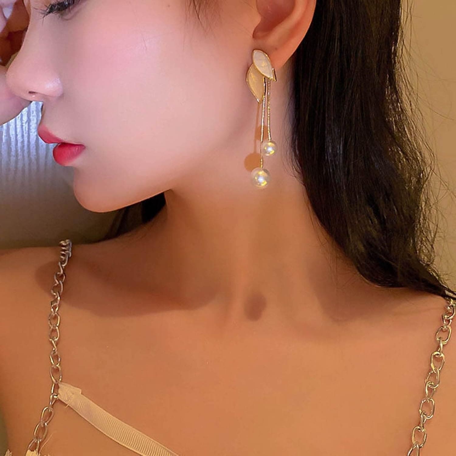 Simulated Pearl Leaf Tassels Earrings, Minimalist Leafy Earrings, Elegant Geometric Hanging Earring, Women Long Tassel Earrings