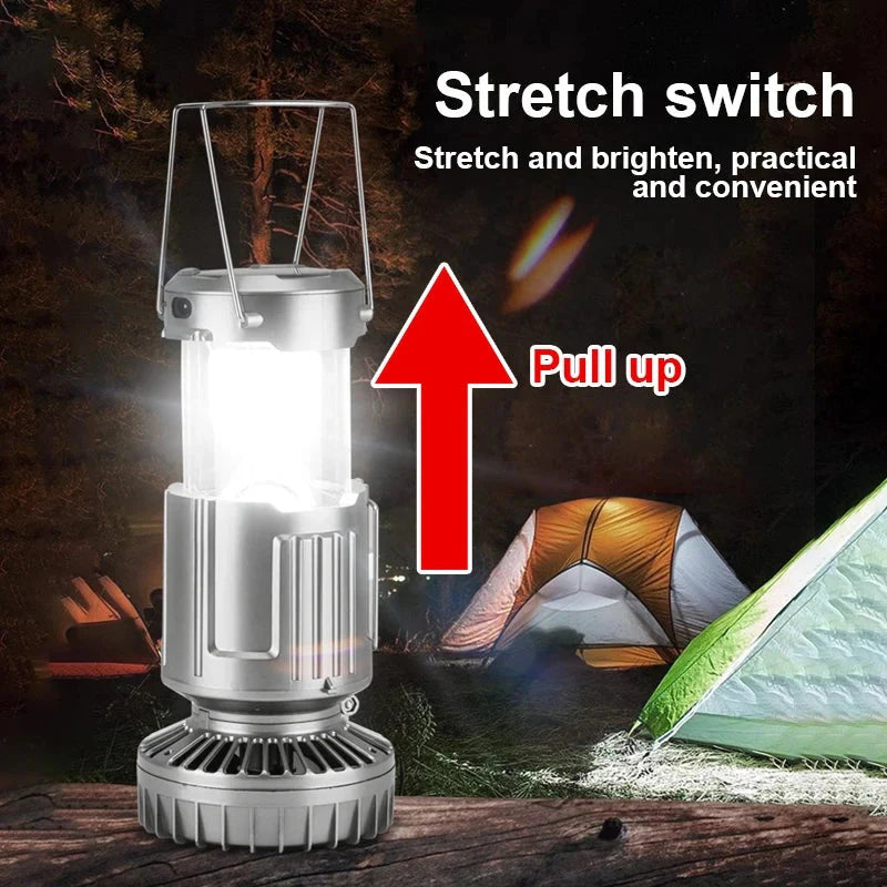 Multifunctional Camping Fan Light, Portable Hanging Tent Fan Light, Electric Fan Solar Powered Camping Fan with LED Lantern, Handheld Foldable Rechargeable Lamp