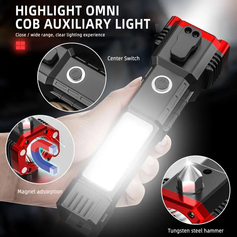 Omni Cop Flashlight, Super Bright LED Flashlight With Safety Hammer, Portable Work Light, Outdoor Adventure Lighting, Long Distance Beam Rescue Flashlight, Multifunctional 4 Modes Flashlight, Torch with Hammer Window Glass and Seat Belt Cutter