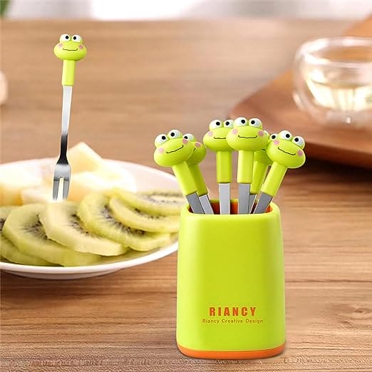 Set Of 6 Frog Food Pick, Stainless Steel Kids Food Pick, Cartoon Shape with 6 Cute Multi Fruit Fork & Stand, Cute Cartoon Frog Picks for Kids in Lunch Box, Reusable Lunch Box Decorative Toothpicks for Appetizer