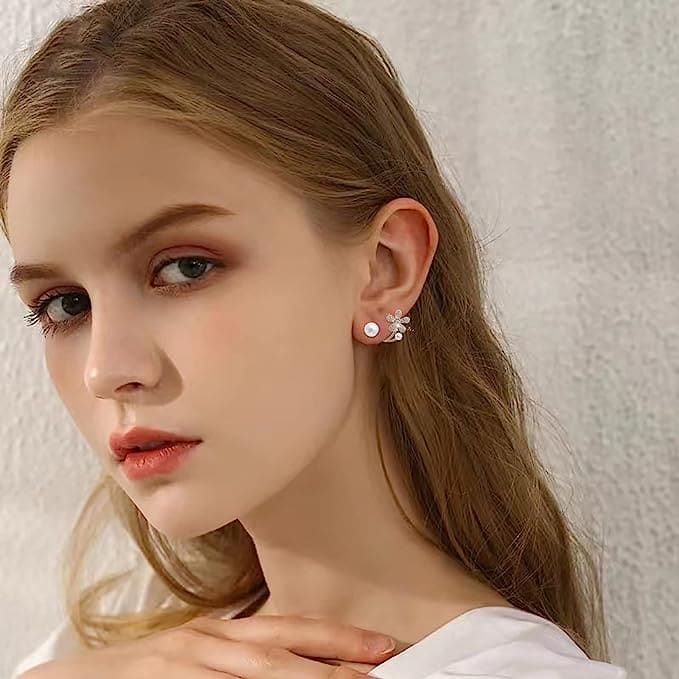 Dainty Delicate Flower Stud Earrings, Cute Flower Imitated Pearl Statement Stud Earrings, Graceful Flower Stud Earrings, Pearl Petal Earrings, Minimalist Piercing Studs Trendy Earrings