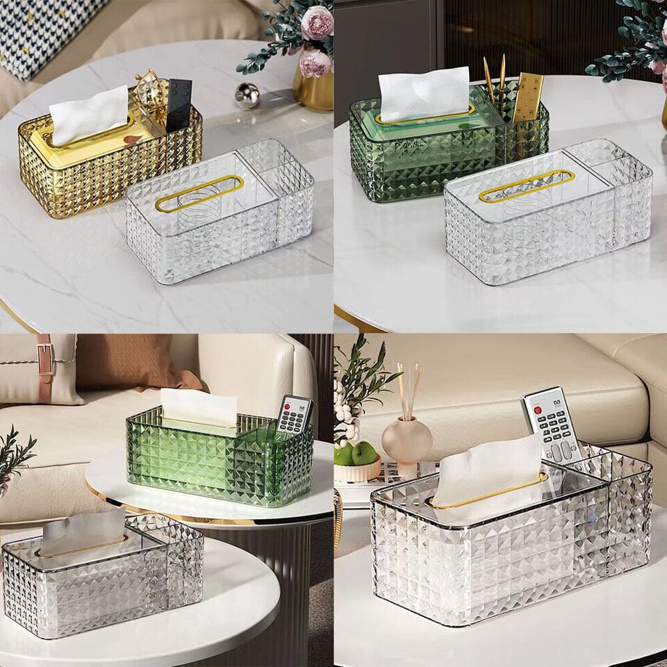 3 Compartment Diamond Tissue Box, Sundries Makeup Paper Storage Box, Napkin Remote Control Storage Box, Spring Tissue Paper Box, Crystal Rectangular Scarf Box