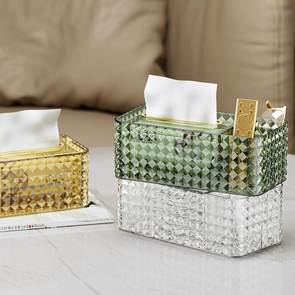 3 Compartment Diamond Tissue Box, Sundries Makeup Paper Storage Box, Napkin Remote Control Storage Box, Spring Tissue Paper Box, Crystal Rectangular Scarf Box