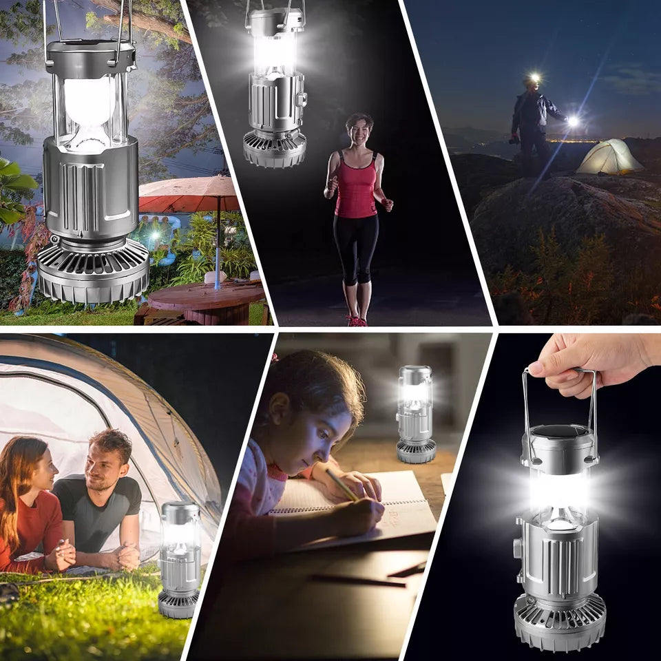 Multifunctional Camping Fan Light, Portable Hanging Tent Fan Light, Electric Fan Solar Powered Camping Fan with LED Lantern, Handheld Foldable Rechargeable Lamp