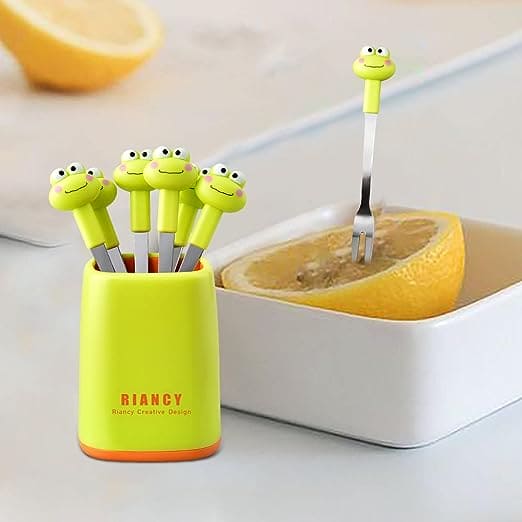 Set Of 6 Frog Food Pick, Stainless Steel Kids Food Pick, Cartoon Shape with 6 Cute Multi Fruit Fork & Stand, Cute Cartoon Frog Picks for Kids in Lunch Box, Reusable Lunch Box Decorative Toothpicks for Appetizer