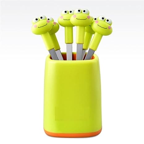 Set Of 6 Frog Food Pick, Stainless Steel Kids Food Pick, Cartoon Shape with 6 Cute Multi Fruit Fork & Stand, Cute Cartoon Frog Picks for Kids in Lunch Box, Reusable Lunch Box Decorative Toothpicks for Appetizer