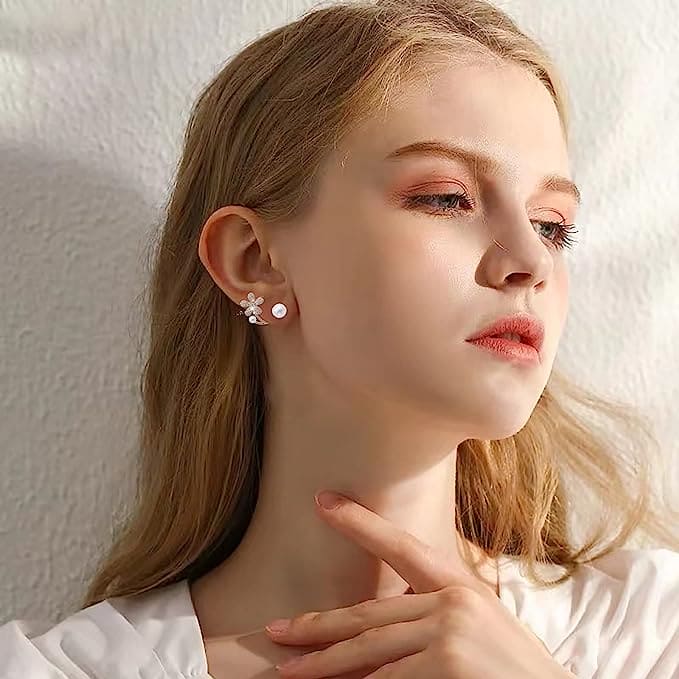 Dainty Delicate Flower Stud Earrings, Cute Flower Imitated Pearl Statement Stud Earrings, Graceful Flower Stud Earrings, Pearl Petal Earrings, Minimalist Piercing Studs Trendy Earrings