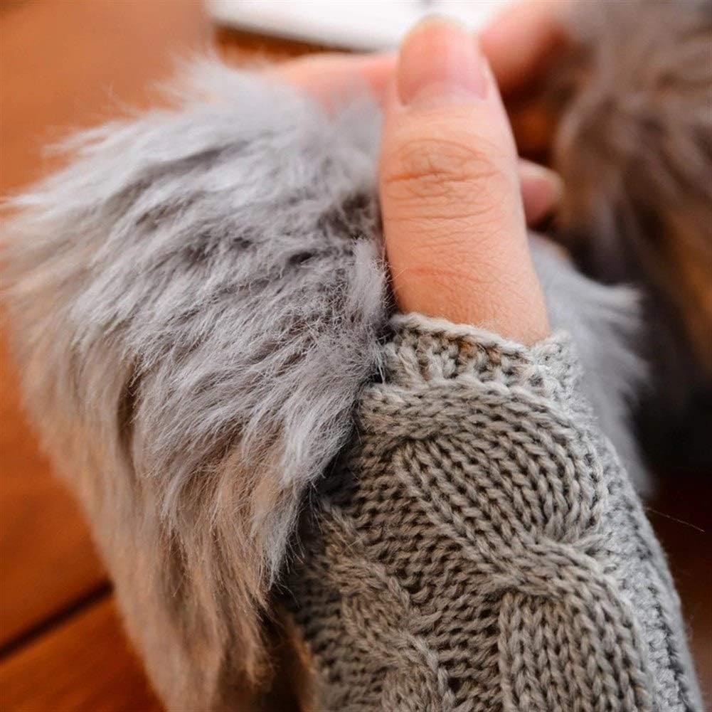 Fingerless Winter Gloves, Rabbit Fur Mitten Gloves, Faux Fur Fluffy Winter Gloves, Woolen Crochet Knitted Wrist Warmer Glove, Winter Half Finger Gloves, Warmer Stylish Gloves