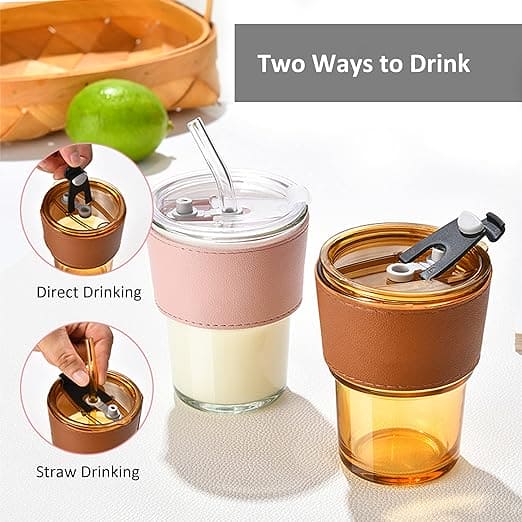 Amber Straw Glass, 400ml Coffee Cup Glass, Leather Sleeves Drinking Cup, Transparent Bubble Tea Cup, Large Capacity Beverage Cup, Home Office Creative Coffee Mug, Coffee Milk Juice Mug with Straws &Lids Kitchen Drinkware