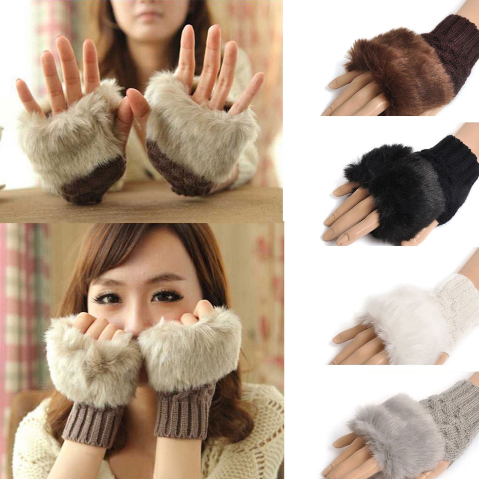 Fingerless Winter Gloves, Rabbit Fur Mitten Gloves, Faux Fur Fluffy Winter Gloves, Woolen Crochet Knitted Wrist Warmer Glove, Winter Half Finger Gloves, Warmer Stylish Gloves