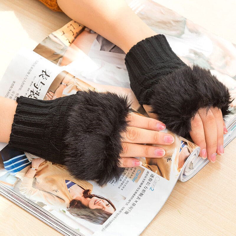Fingerless Winter Gloves, Rabbit Fur Mitten Gloves, Faux Fur Fluffy Winter Gloves, Woolen Crochet Knitted Wrist Warmer Glove, Winter Half Finger Gloves, Warmer Stylish Gloves