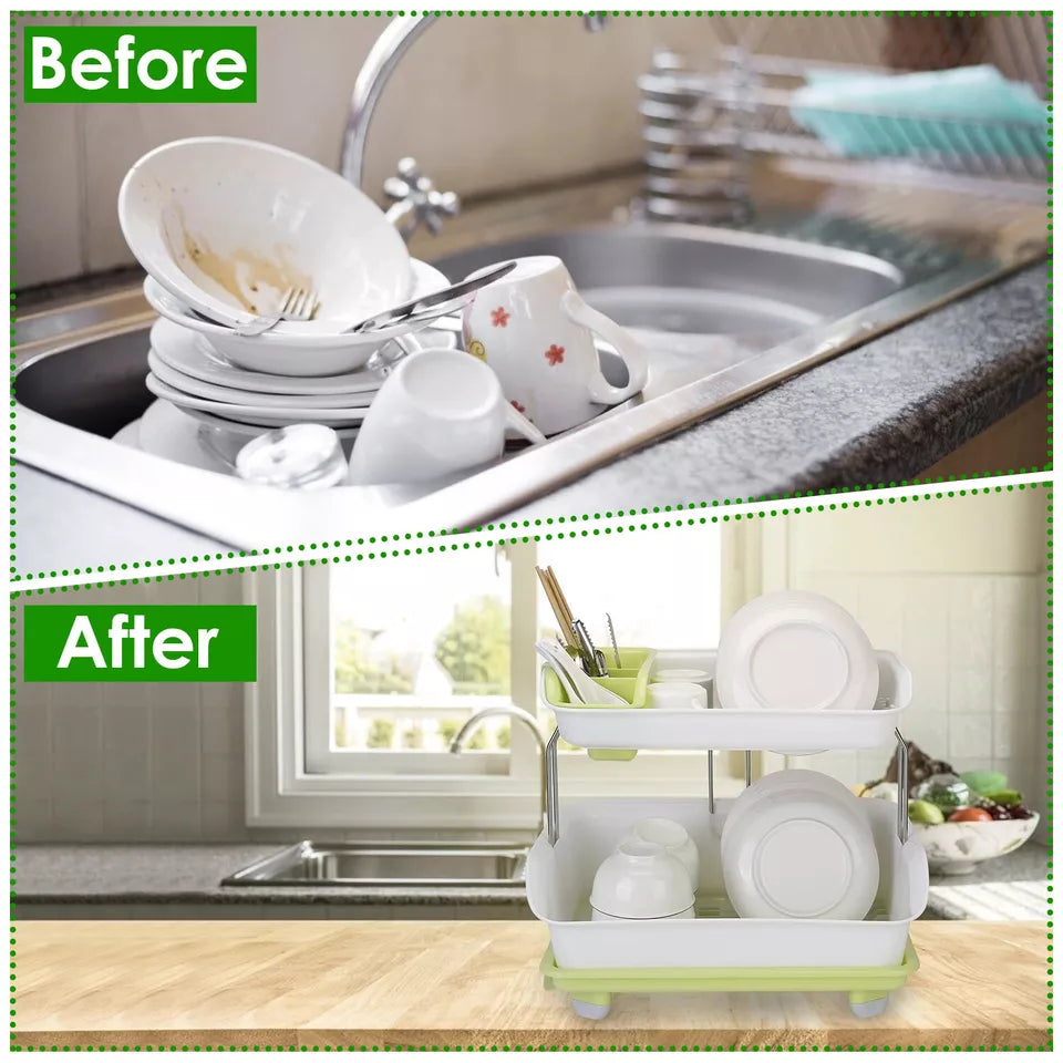 2 Tier Dish Drying Rack, Utensil Holder for Kitchen Counter, Durable Plate Rack With Drainer, Large Plastic Basket with Tray, Multipurpose Kitchen Drainage Storage Rack, Kitchen Utensils Organizer, Portable Kitchen Storage Rack