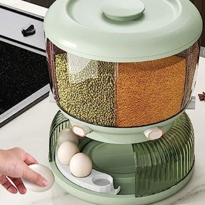 Cereal Divider Bucket, Multipurpose Rotating Kitchen Storage Box, 6 Grid 360° Rotating Grain Rice Dispenser,  Sealed Cereal Dispenser Rice Tank, Dry Food Rotating 6 Storage Container With Egg Groove Shelf, Multi Grid Food Storage Container For Kitchen