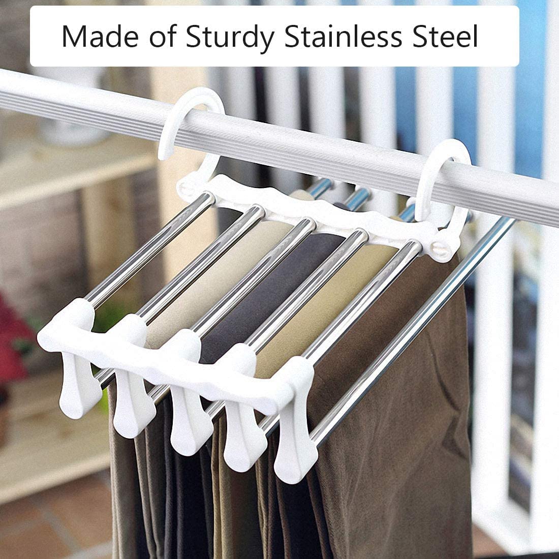 5 In 1 Magic Trouser Rack, Multifunctional Wardrobe Organizer, Multipurpose Clothes Hanger, Telescopic Steel Folding Pants Hanger, Multilayer Jeans Steel Hanger, Adjustable Pants Tie Storage Shelf, Stainless Steel Clothes Hanger