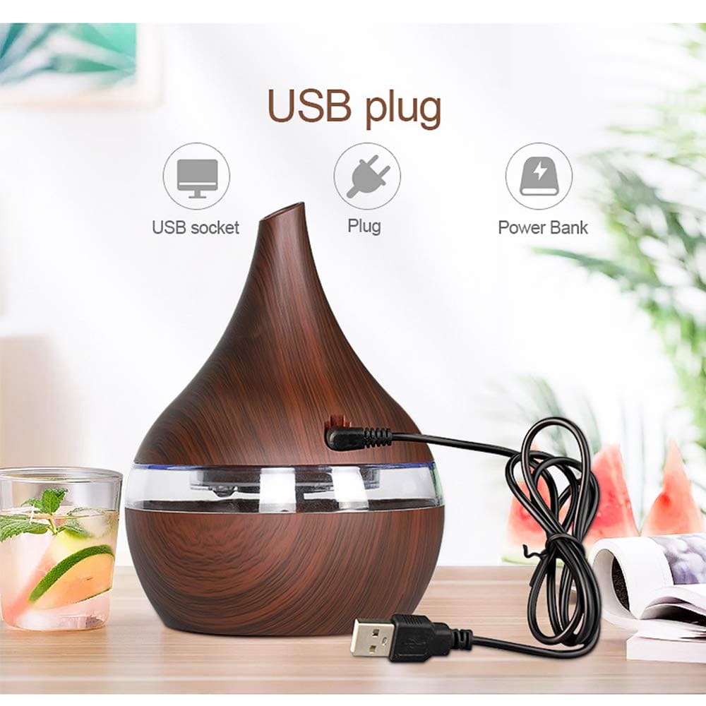 Quiet Wood Grain Humidifier, 300ml Electric Aroma Air Diffuser, USB Wood Ultrasonic, Essential Oil Aromatherapy Cool Mist Maker For Home