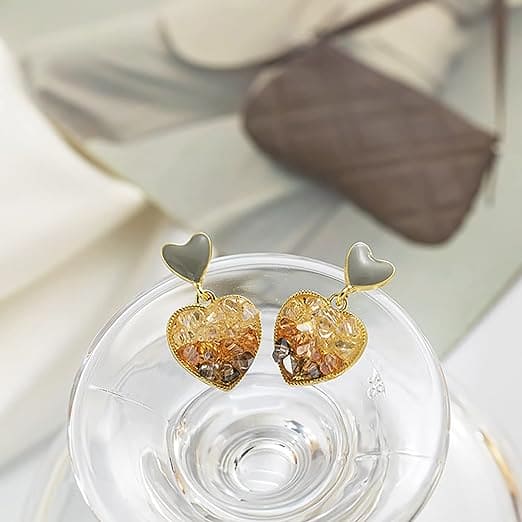 Silver Needle Crystal Heart Earring, Crystal Yellow Gradient Heart Earrings, Double Love Gradient Crystal Ear Jewellery