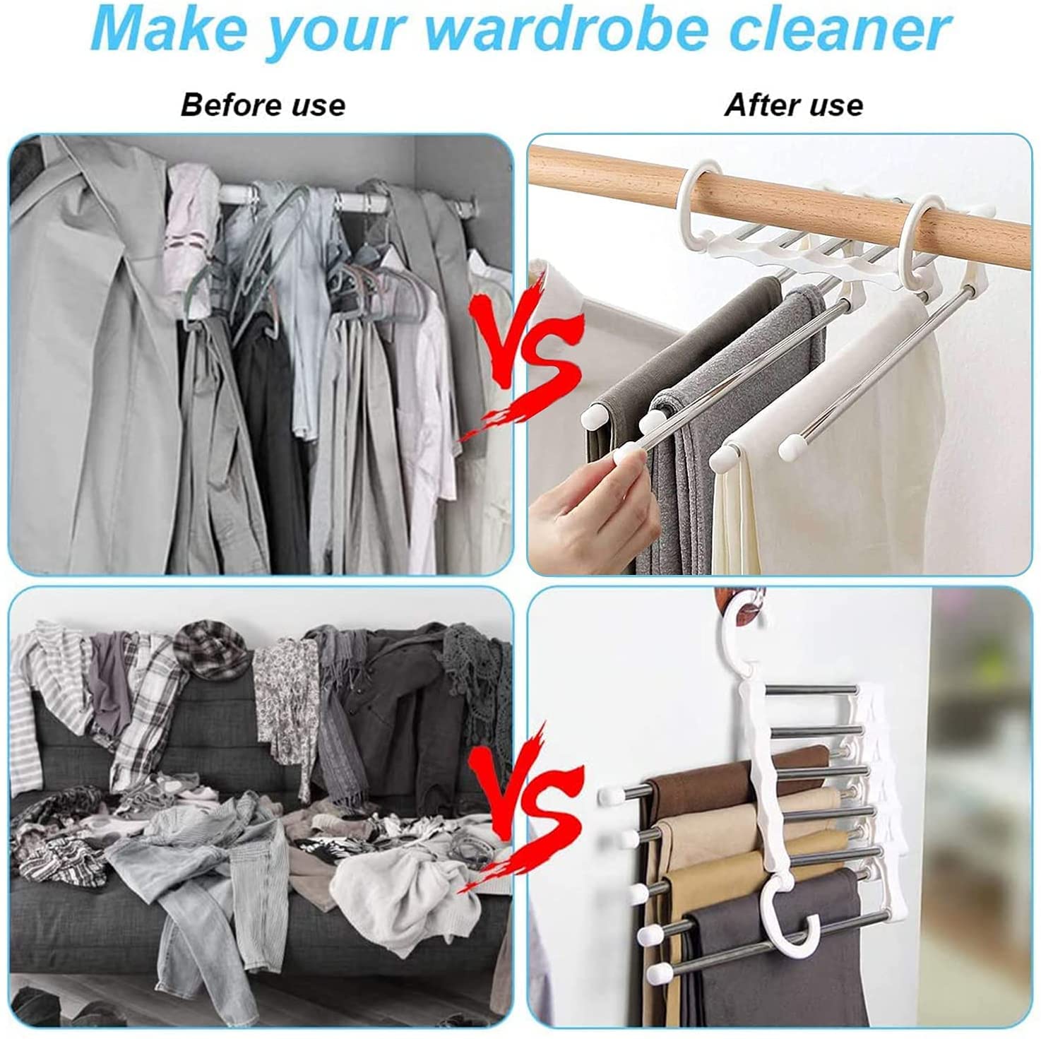 5 In 1 Magic Trouser Rack, Multifunctional Wardrobe Organizer, Multipurpose Clothes Hanger, Telescopic Steel Folding Pants Hanger, Multilayer Jeans Steel Hanger, Adjustable Pants Tie Storage Shelf, Stainless Steel Clothes Hanger