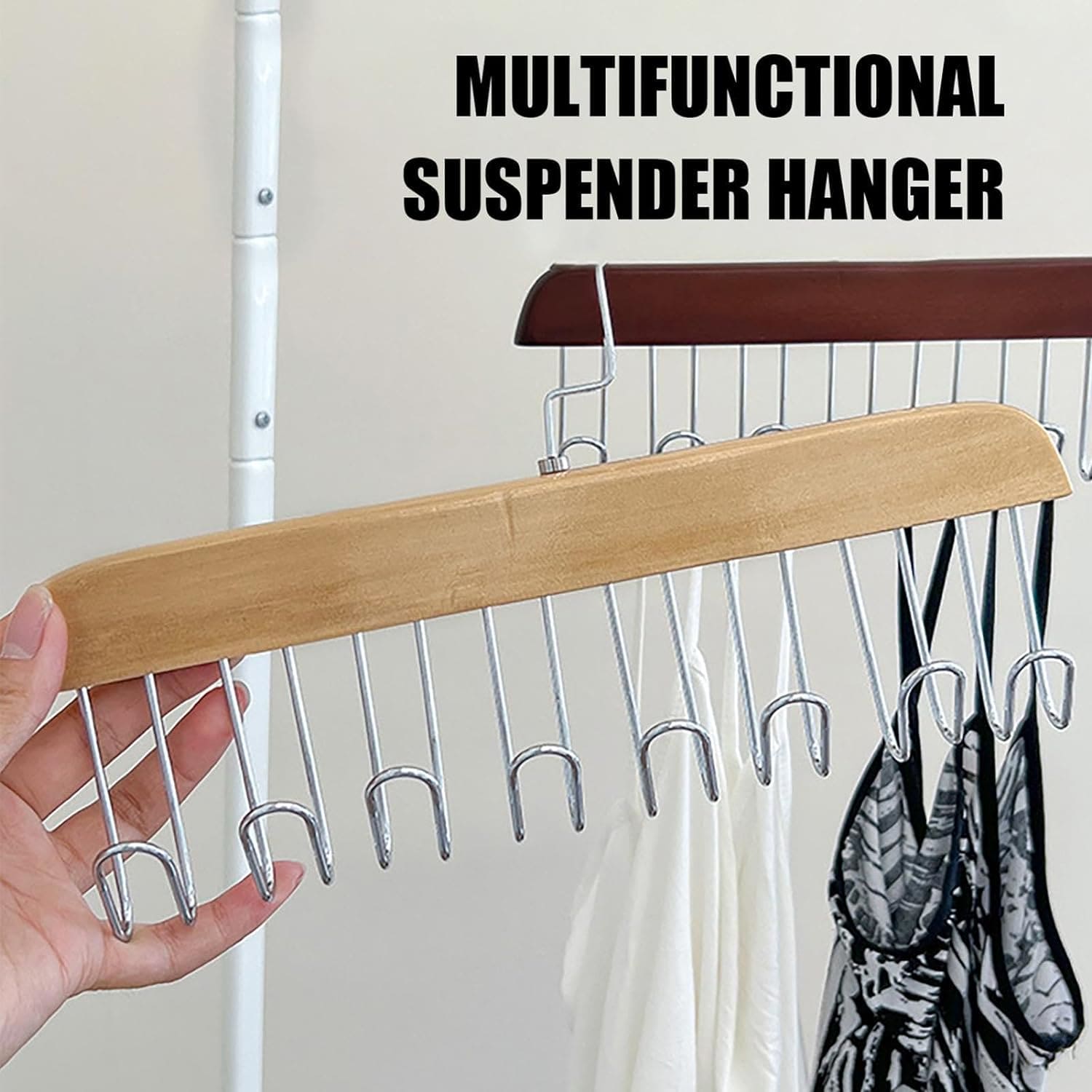 Wooden Suspender Hanger, Multifunctional 8 Hook Hanger, Non Slip Wardrobe Clothing Storage Holder, Dormitory Closet Organizer, Multipurpose Scarf Hat Hanger, 360 Non Slippery Hanger