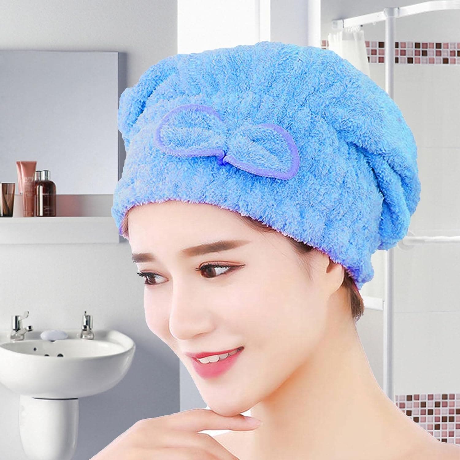 Microfiber Bowknot Towel Wrap, Quick Hair Drying Bath Towel, Spa Bowknot Wrap Towel Hat, Cap for Bath Bathroom, Comfortable Bath Spa Cap, Turban for Drying Curly Long Thick Hair, Highly Absorbent Hair Drying Towel
