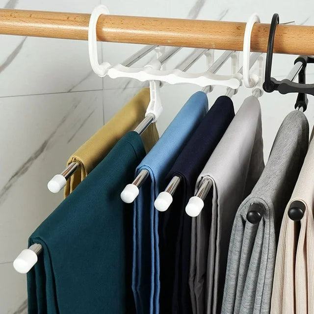 5 In 1 Magic Trouser Rack, Multifunctional Wardrobe Organizer, Multipurpose Clothes Hanger, Telescopic Steel Folding Pants Hanger, Multilayer Jeans Steel Hanger, Adjustable Pants Tie Storage Shelf, Stainless Steel Clothes Hanger