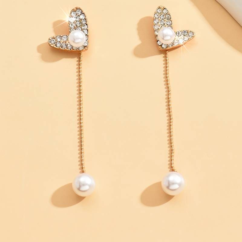 Flexible Heart Top Crystal Earrings, Hollow Heart Drop Earrings, Adjustable Pearl Tassel Ear Jewellery, Luxury Long Simulation Pearl Earrings For Women