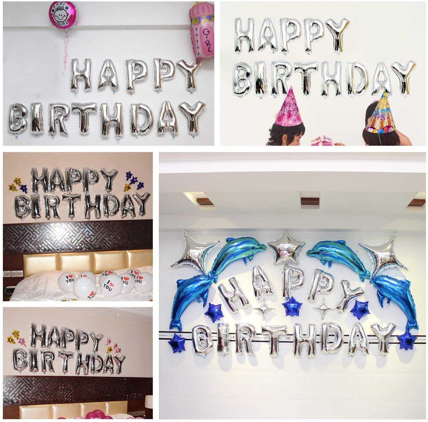 Happy Birthday Foil Balloons, Gold/ Silver HBD Foil Letters, Happy Birthday Balloon Bunting