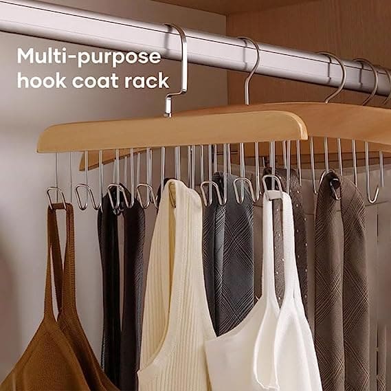 Wooden Suspender Hanger, Multifunctional 8 Hook Hanger, Non Slip Wardrobe Clothing Storage Holder, Dormitory Closet Organizer, Multipurpose Scarf Hat Hanger, 360 Non Slippery Hanger