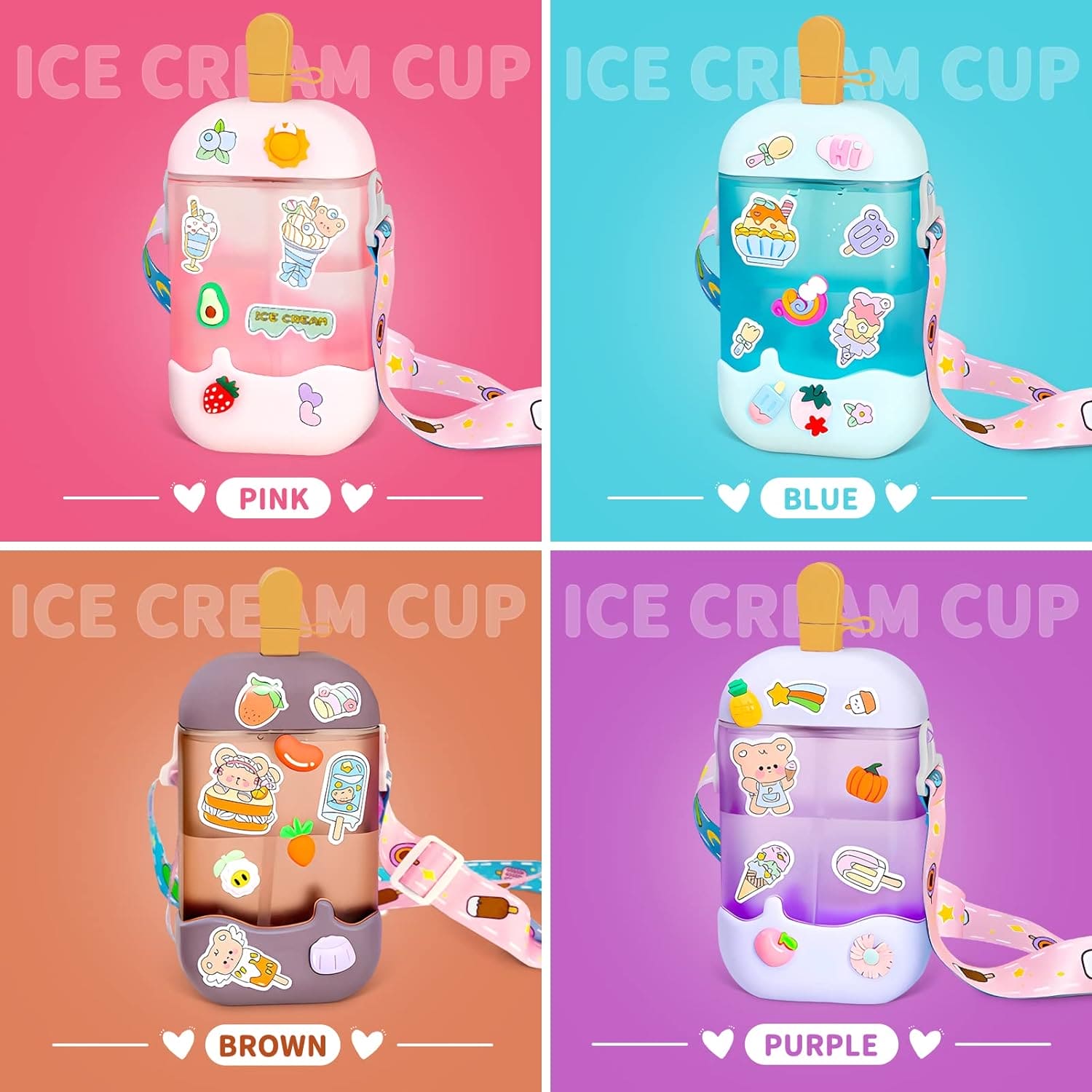 Cute Ice Cream Stick Water Bottle, Kids Leak Proof Bottle For School Nursery, 400ml Cute Plastic Water Kettle, Drinking Bottle with Straw and Strap, Easy to Carry Sports Bottles for Girls and Boys, Popsicle Water Bottle with Adjustable Shoulder Strap