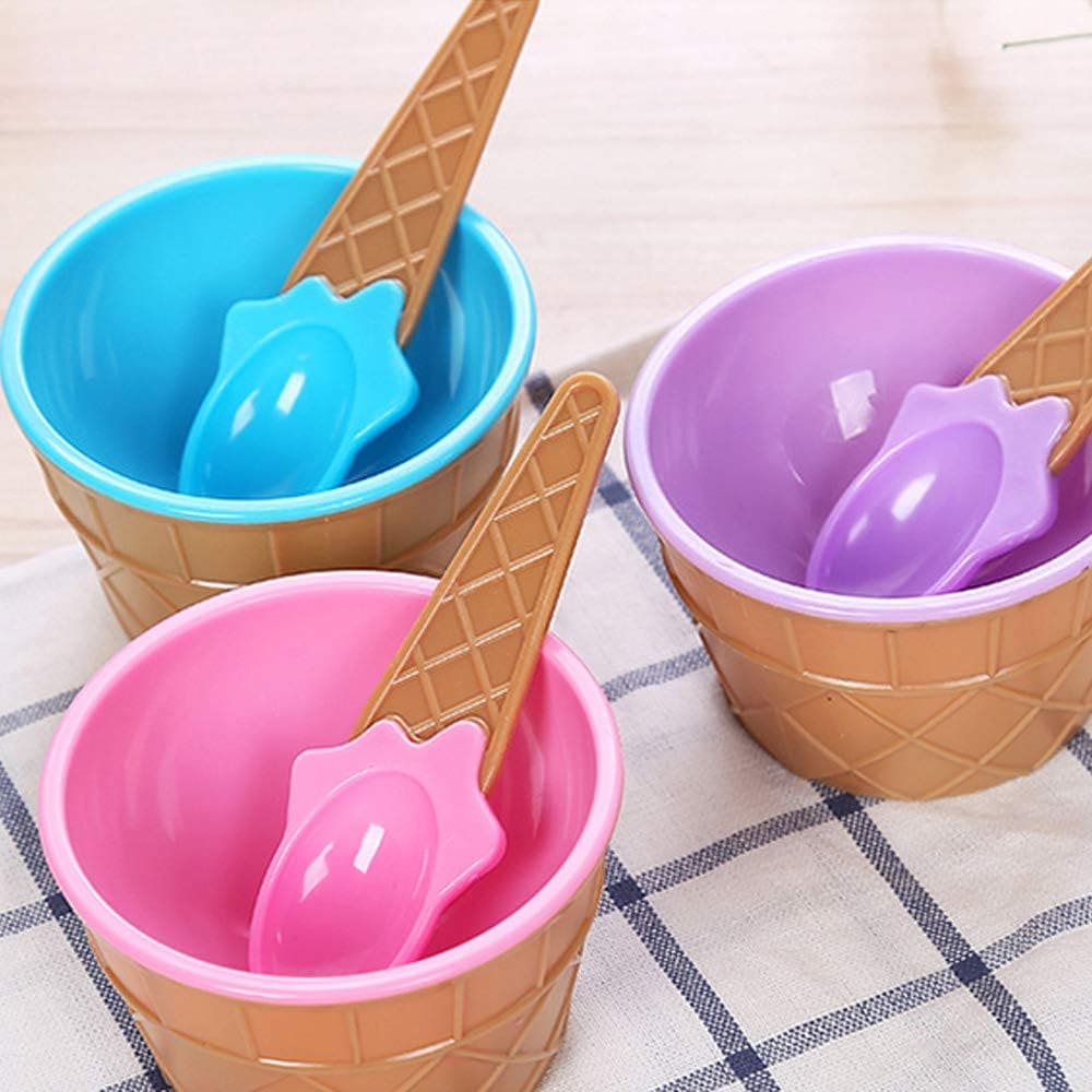 Set of 3 Cream Cups Set With Spoon, Daily Merchandise Plastic Bowl, DIY Ice Cone Dessert Bowl, Tableware Reusable Bowls Spoons Set