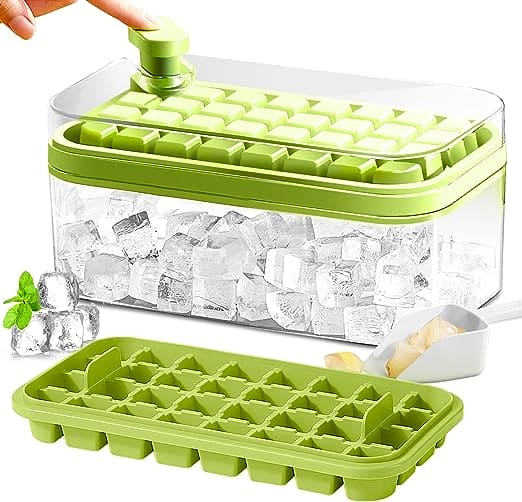 Button Press Ice Cube Tray, 64 Grids One Button Press Ice Cube Tray With Storage Box, 2 Layers Ice Cube Molds Ice Box, New Ice Cube Tray With Lid and Bin, Stackable Easy Release Ice Trays for Beverages