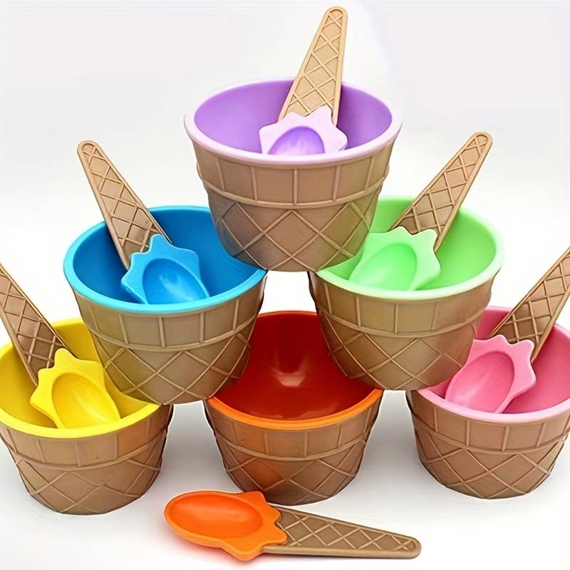 Set of 3 Cream Cups Set With Spoon, Daily Merchandise Plastic Bowl, DIY Ice Cone Dessert Bowl, Tableware Reusable Bowls Spoons Set