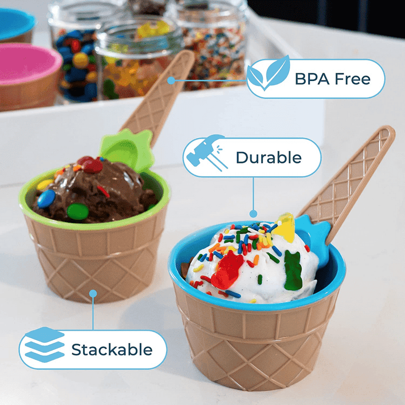 Set of 3 Cream Cups Set With Spoon, Daily Merchandise Plastic Bowl, DIY Ice Cone Dessert Bowl, Tableware Reusable Bowls Spoons Set