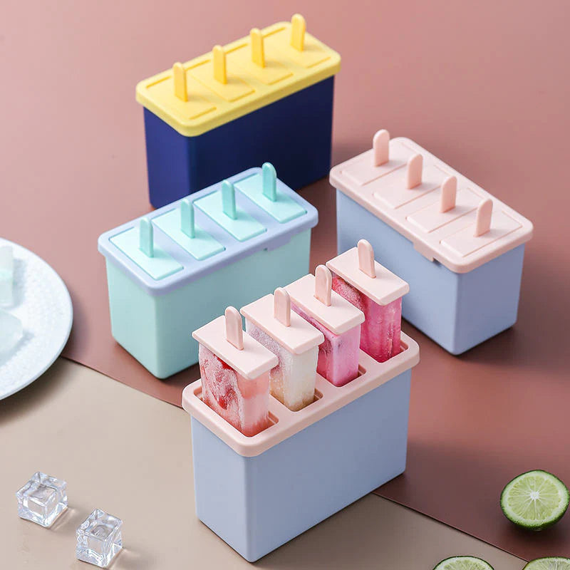 Set Of 4 Popsicles Mold With Container, Ice Cream Mold With Sticks, Ice Lolly Molds With Non Spill Lid, Candy Bar Mold Tray Kitchen Gadgets Accessories