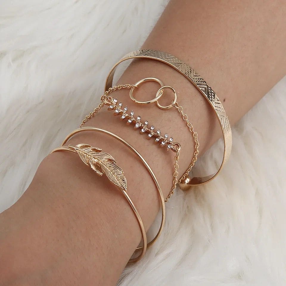 5 Pcs Gold Leaf Bracelet, Twist Chain Bracelet for Women, Multilayer Gold Color Bracelet, Adjustable Open Bracelet