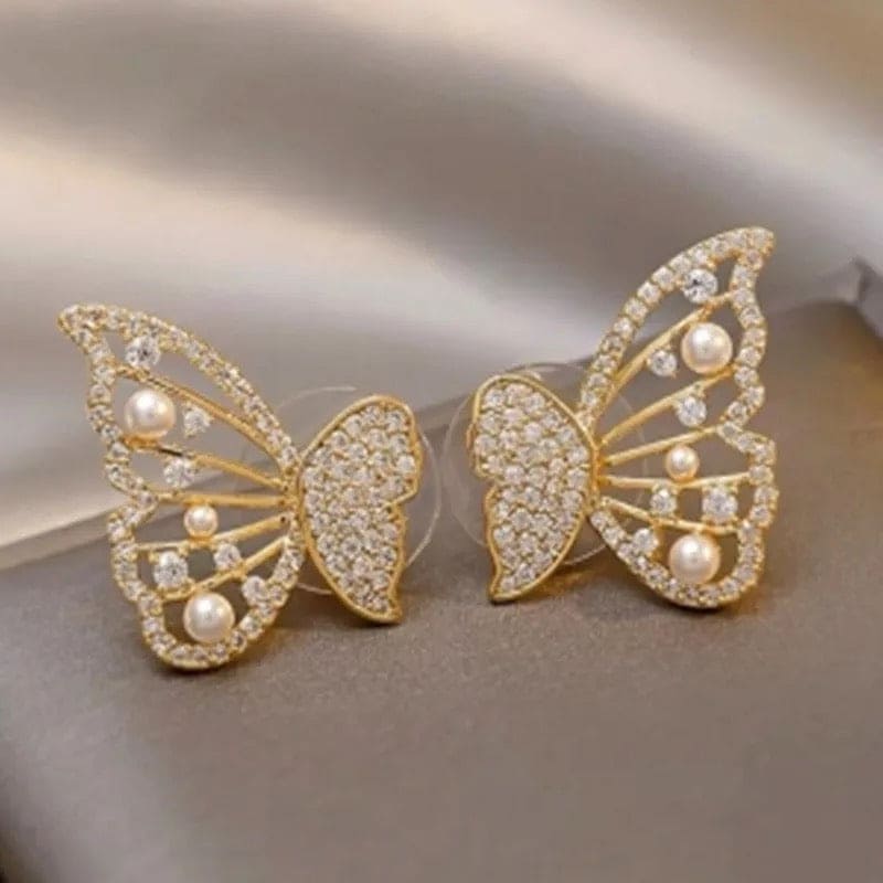 Crystal Butterfly Wings Pearl Earrings, Butterfly Tassel Pearl Dangle Earrings For Women, Alloy Drop Earrings, Elegant Pearl Crystal Metal Charm Earrings