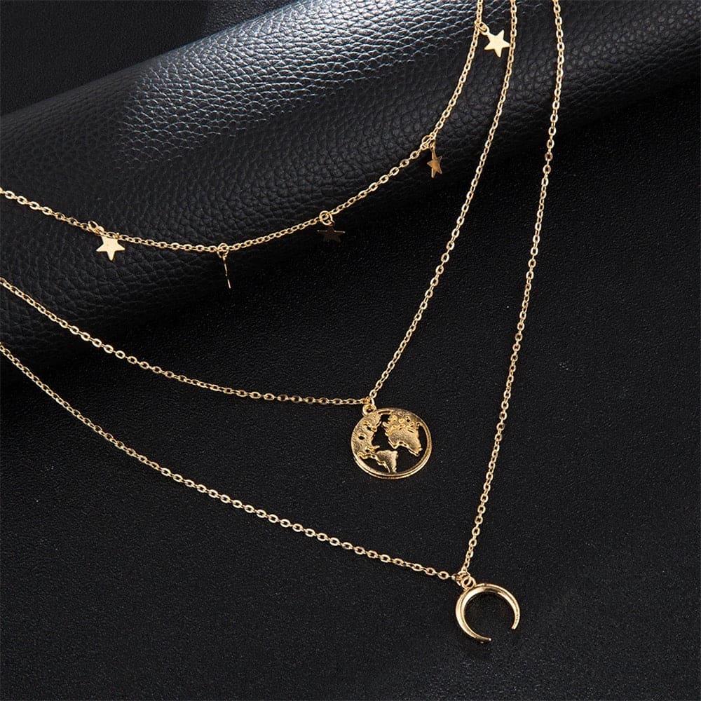Moon Star Multilayer Necklace, Double Layer Star Moon Charm Necklace, New Alloy World Map Long Necklace, Fashion Charm Necklace, Delicate Clavicle Chain Necklace