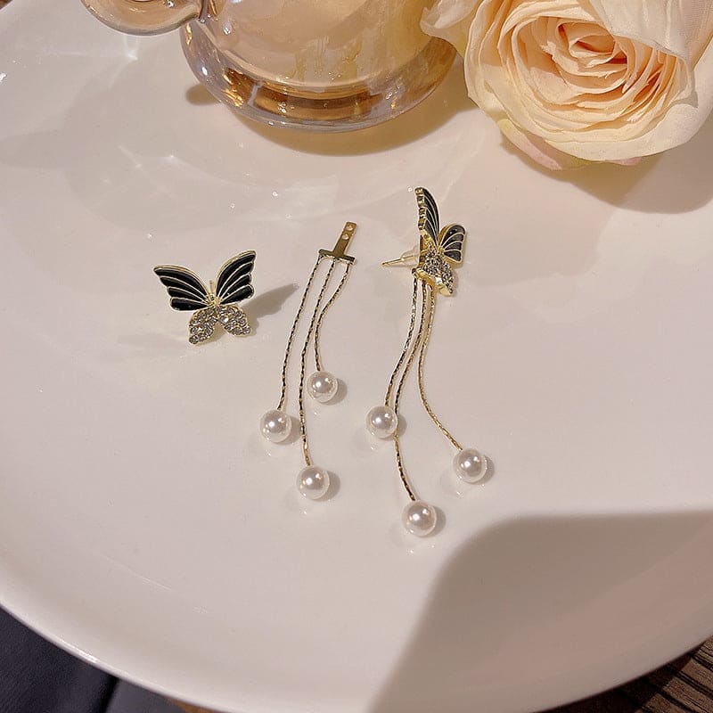 Butterfly Pearl Chain Tassel Earrings, Exquisite Butterfly Stud Earrings, Butterfly Rhinestone Drop Dangle Earrings, Women Elegant Long Pearl Tassel Earrings, Butterfly Dangle Earrings For Women